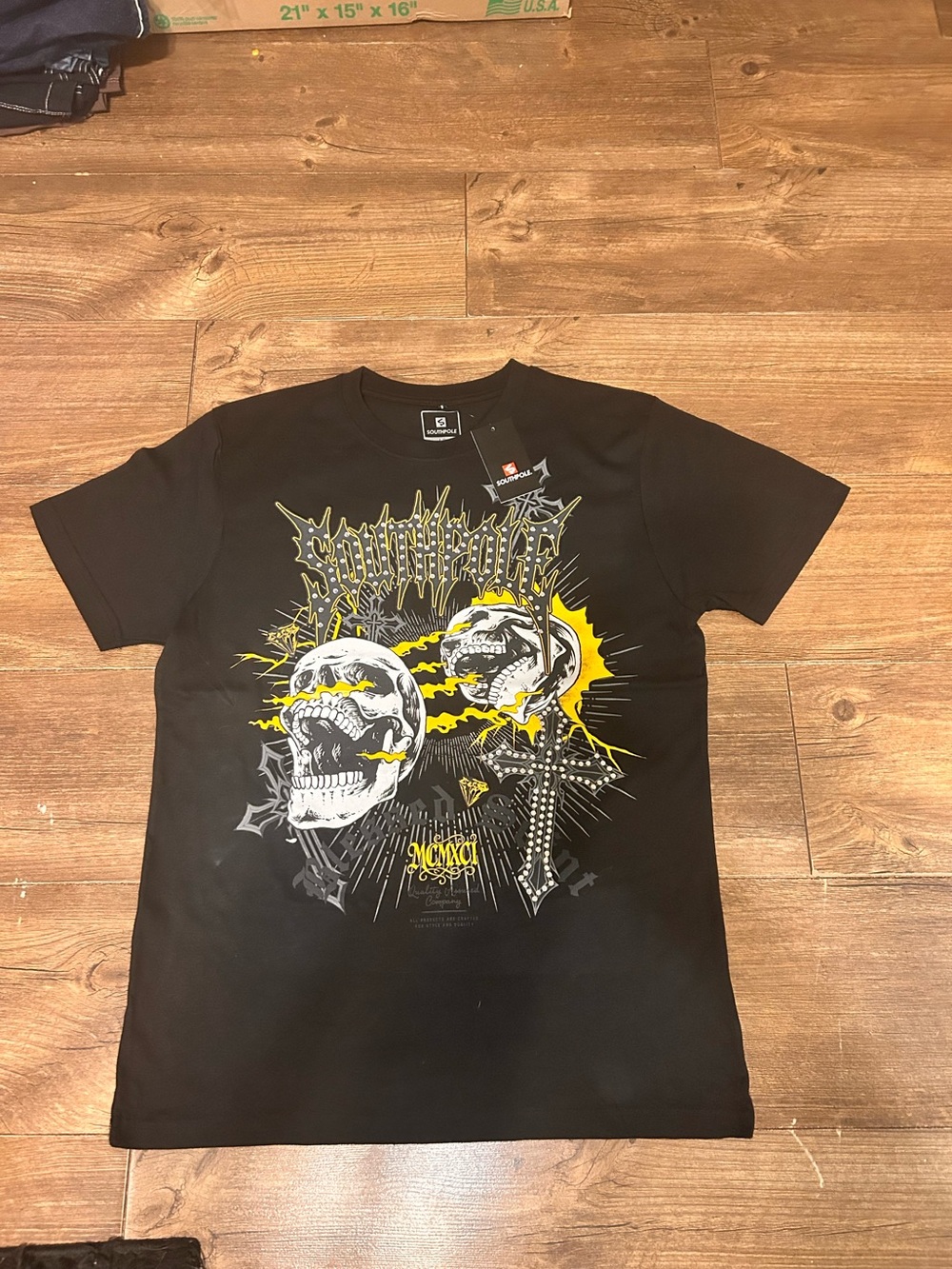 Black and Yellow Southpole Tee  Mens with Skull and Rhinestones